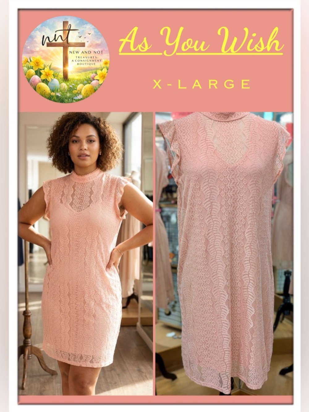 As You Wish Peach Lace Mini Dress XL Blush High Neck Feminine Flutter Sleeves